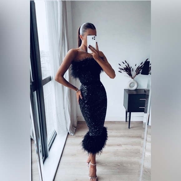 NWT Nadine Merabi sequin beaded black feather dress - Picture 5 of 10